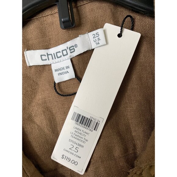 Chico's Linen Tunic Blouse Ruffle Trim Long Sleeves Size 14 XL Brown RP10240 - Picture 3 of 6